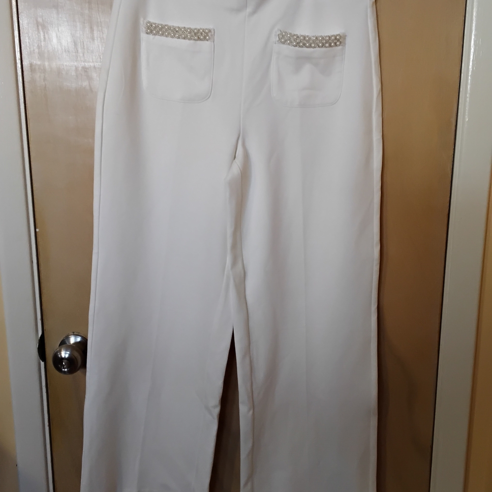 Pearl White Wide-Leg Embellished Pocket Pants